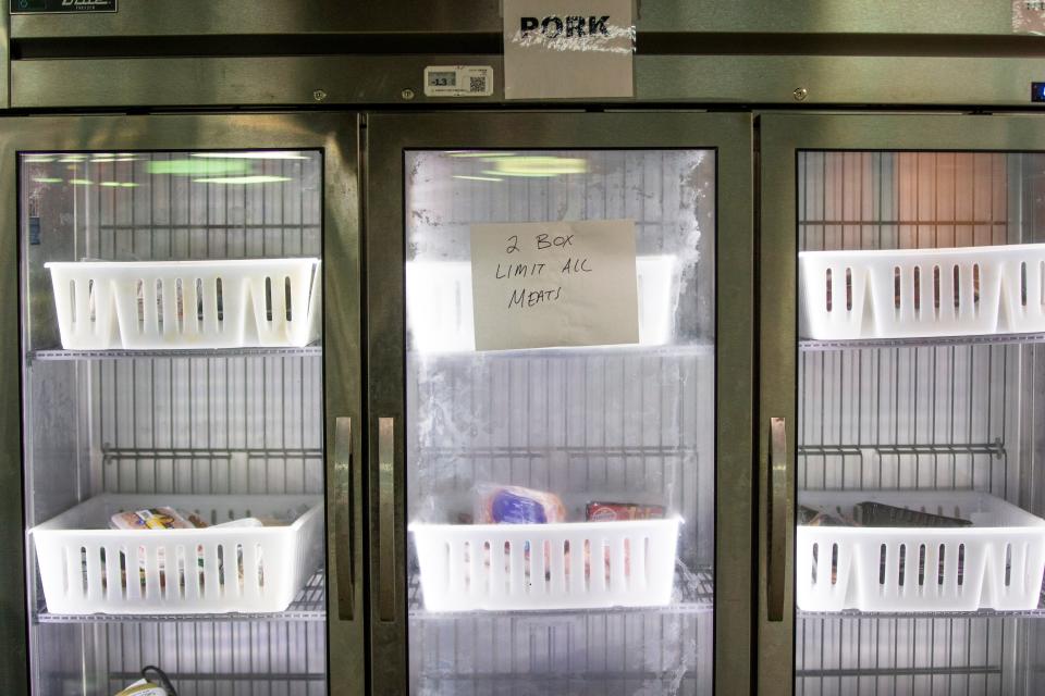 A limit sign for frozen meat is posted Wednesday, May 18, 2022, at the Food Bank of Northern Indiana in South Bend.