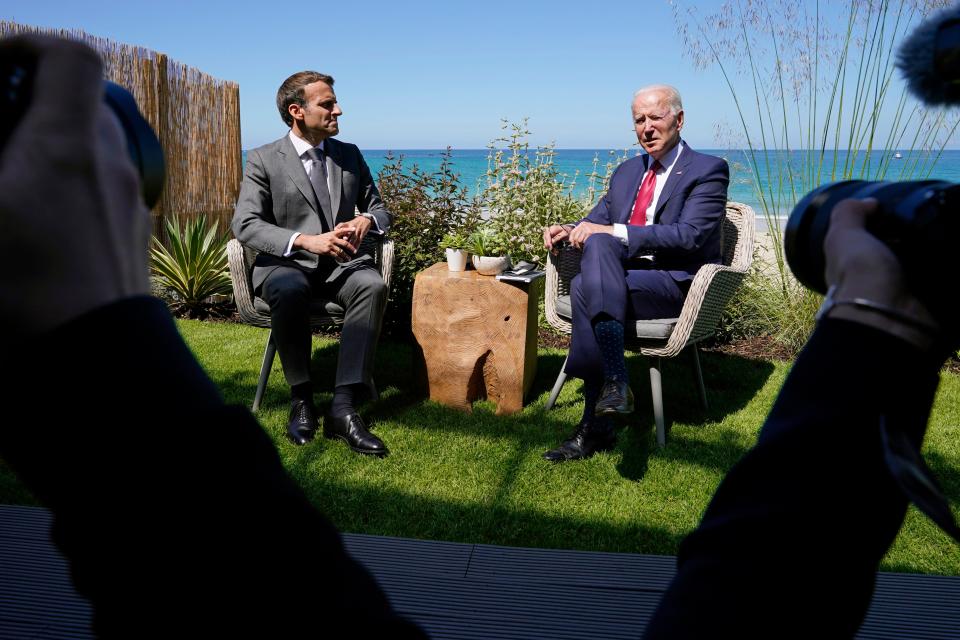 June 12, 2021: President Joe Biden and French President Emmanuel Macron visit during a bilateral meeting at the G-7 summit, in Carbis Bay, England.