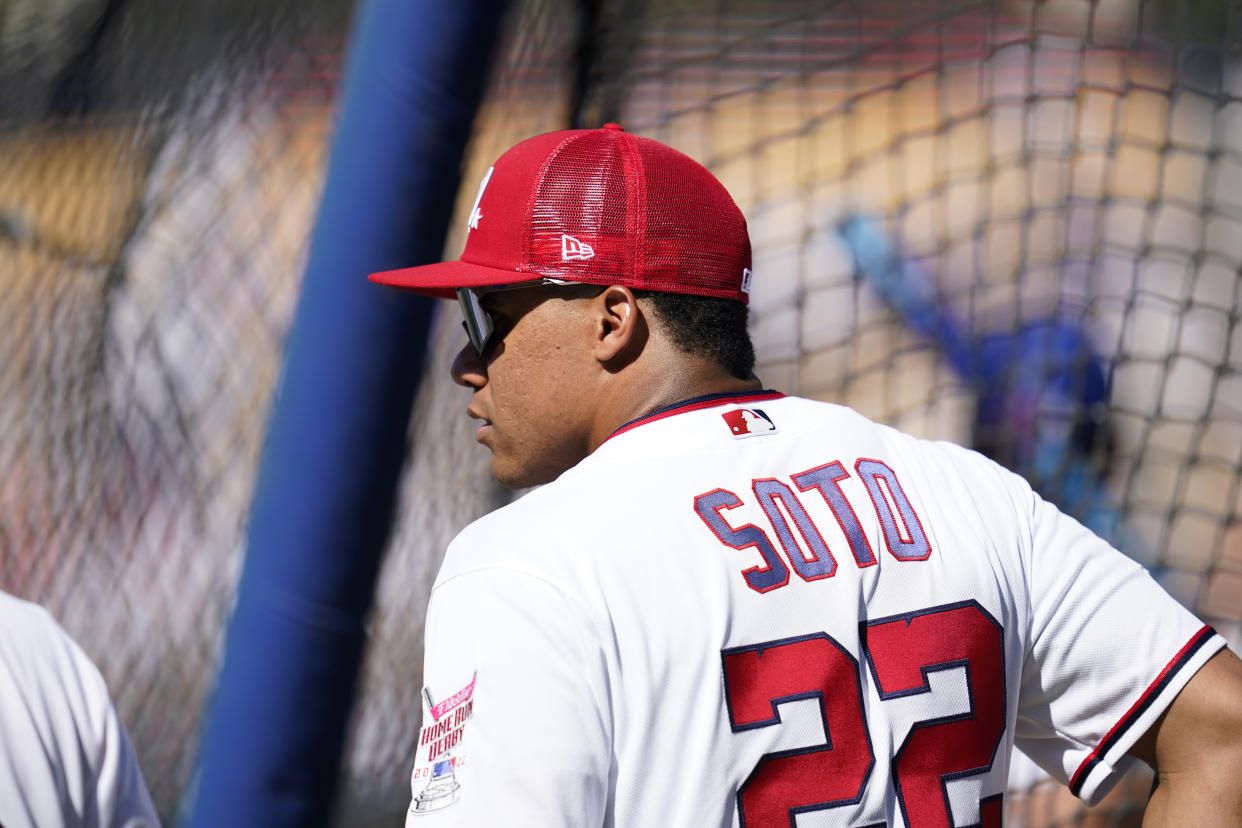 Washington Nationals' Juan Soto takes batting practice a day before the 2022 MLB All-Star baseball game, Monday, July 18, 2022, in Los Angeles. (AP Photo/Abbie Parr)