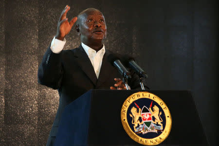 Ugandan President Yoweri Museveni addresses an audience during the second day of the Giant Club Summit of African leaders and others on tackling poaching of elephants and rhinos at the Fairmont Mount Kenya Safari Club in Nanyuki, Laikipia county, Kenya, April 29, 2016. REUTERS/Siegfried Modola