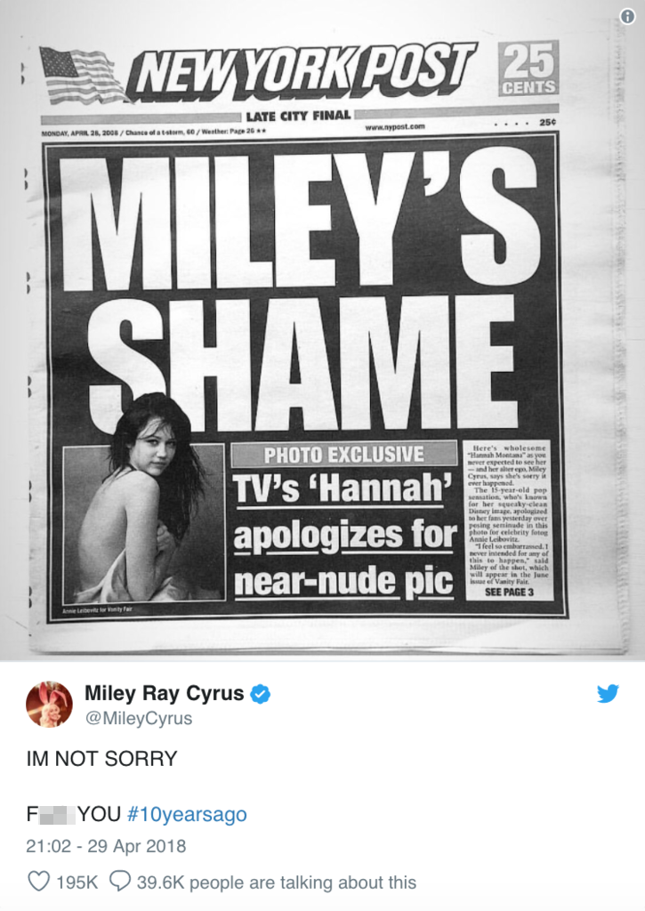 Miley had a message for her publications like the New York Post who reported on her photo shoot [Photo:Twitter/MileyCyrus]