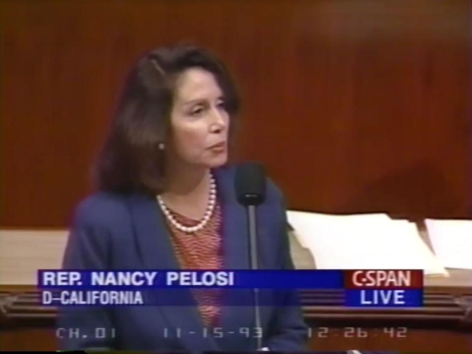 Nancy Pelosi speaks on the House floor in support of NAFTA in 1993. 