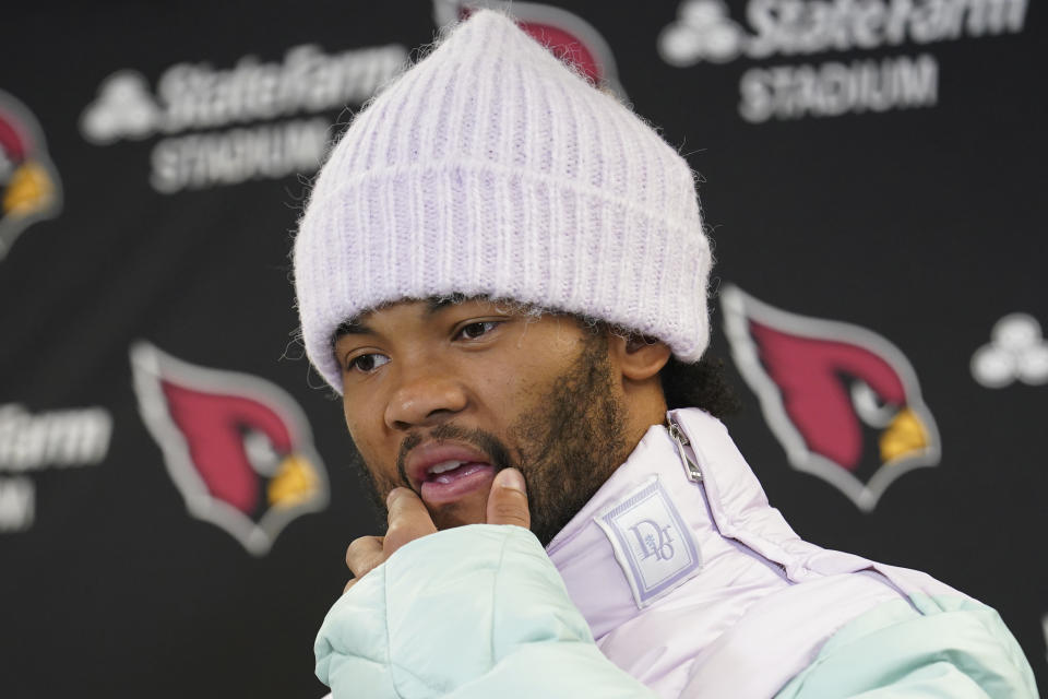 Arizona Cardinals quarterback Kyler Murray pauses while answering a quesion during a press conference after an NFL football game against the Pittsburgh Steelers Sunday, Dec. 3, 2023, in Pittsburgh. The Cardinals won 24-10. (AP Photo/Matt Freed)