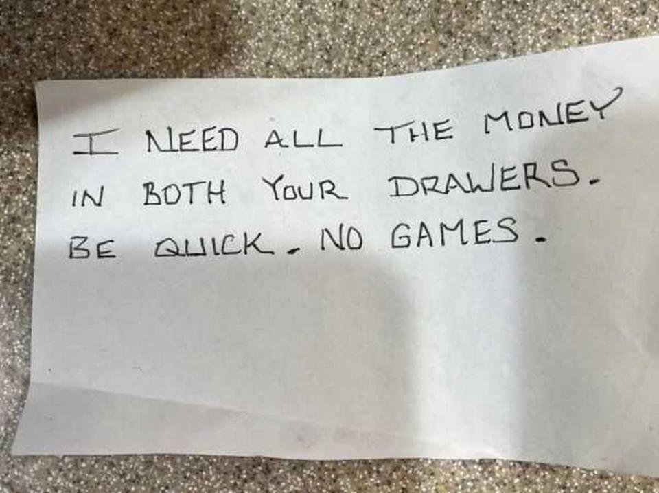 The San Jose Police Department say a man accused of six bank robbery related incidents across California, including in Sacramento, furnished this note to bank tellers before allegedly stealing money.