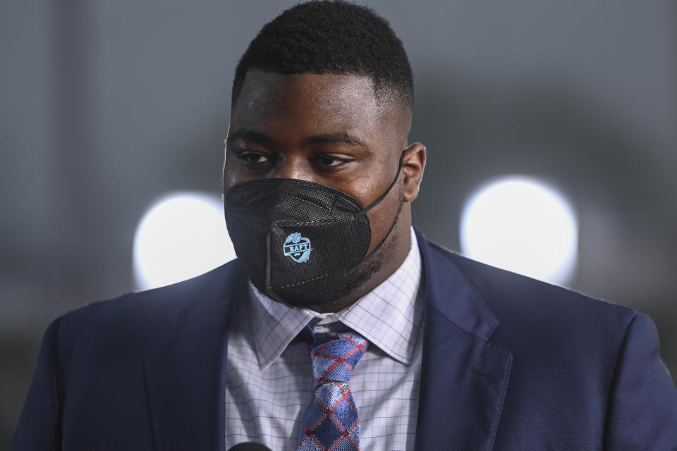 Alabama defensive lineman Christian Barmore appears on the red carpet at the Rock & Roll Hall of Fame before the NFL football draft Thursday, April 29, 2021, in Cleveland. (AP Photo/David Dermer, Pool)