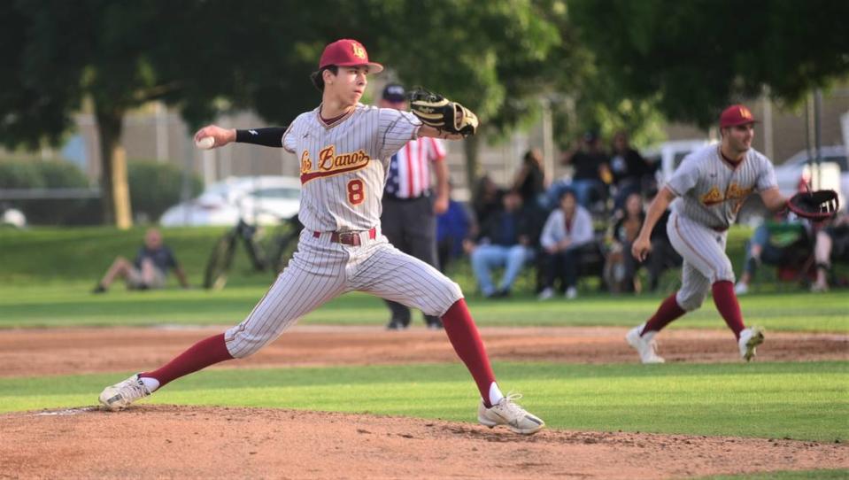 Los Banos High School freshman Julian Cazares delivers a pitch for the North during the Merced County All-Star Baseball Game on Saturday, June 10, 2023 at Merced College.