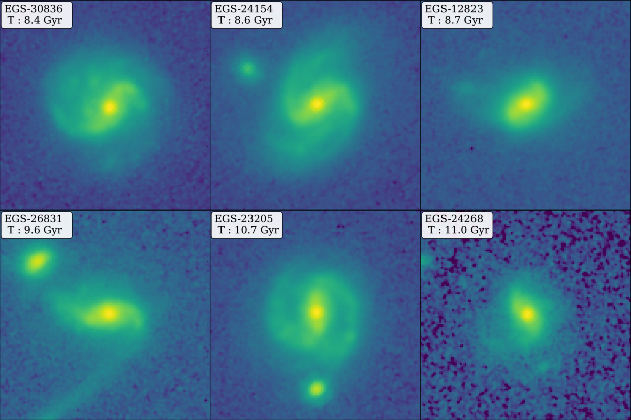 Snapshots from the James Webb Space Telescope show six barred galaxies, including two of the earliest ever identified and characterized. Each image is labeled with the lookback time of the galaxy, ranging from 8.4 billion to 11 billion years ago.