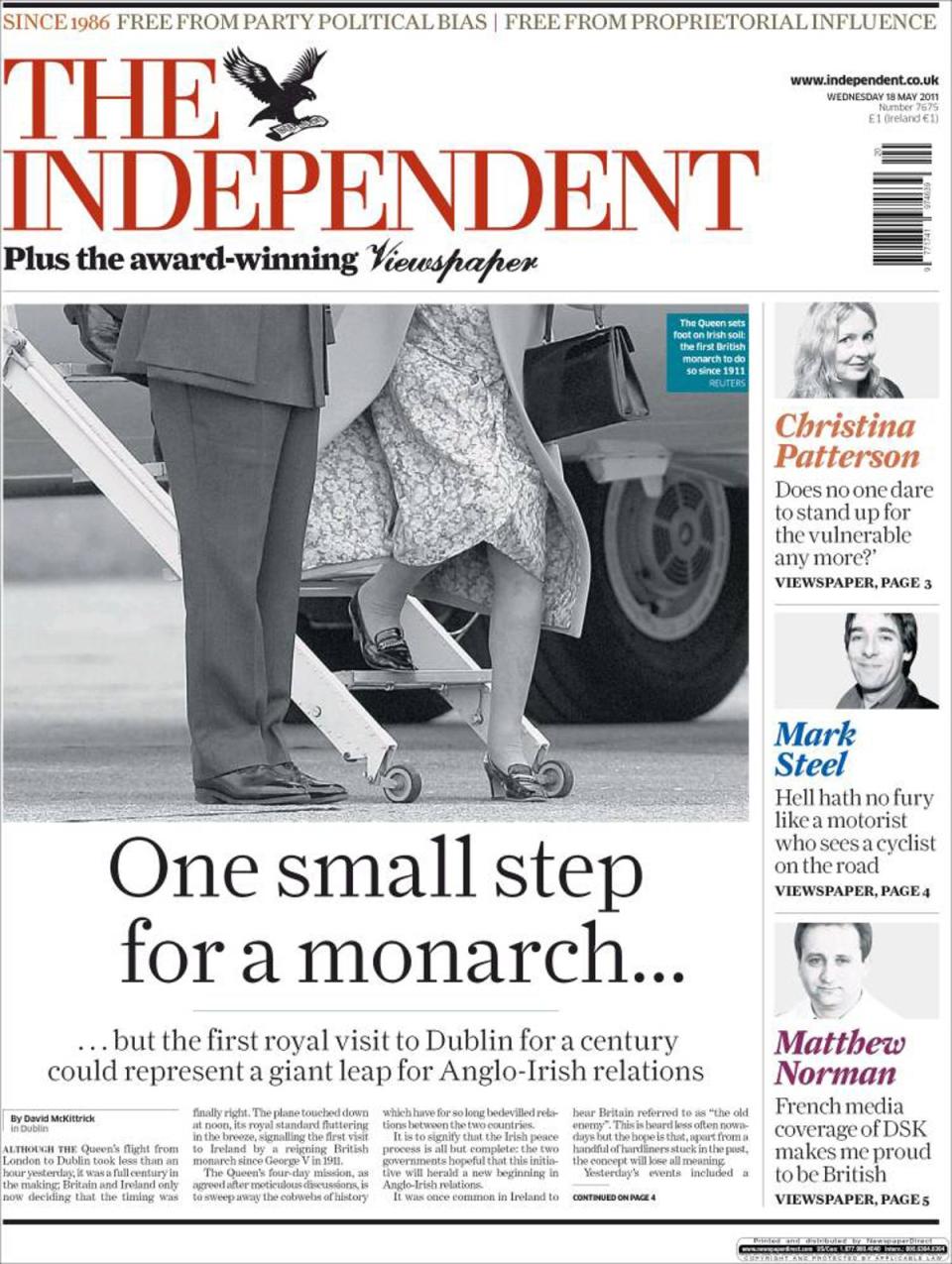 La portada de The Independent del 18 de mayo de 2011, cuando la reina se convirtió en la primera monarca en visitar la República de Irlanda en 100 años (The Independent)