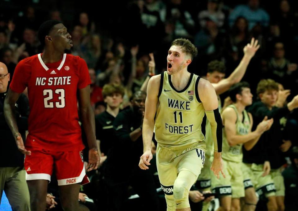 Wake Forest’s Andrew Carr reacts during the second half of the Demon Deacons’ 83-79 win over N.C. State on Saturday, Feb. 10, 2024, at Lawrence Joel Veterans Memorial Coliseum in Winston-Salem, N.C. Kaitlin McKeown/kmckeown@newsobserver.com