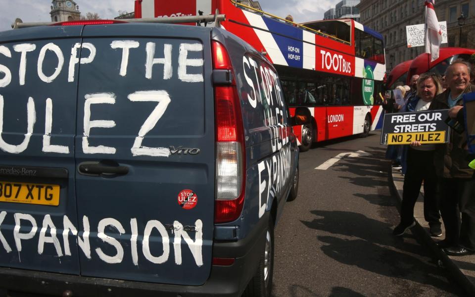 Anti-Ulez protesters in Trafalgar Square on April 15, 2023