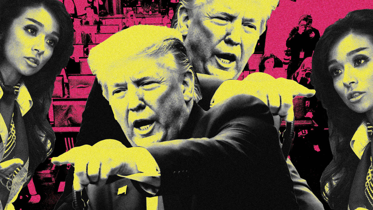 Trump has repeatedly promoted OAN, an ultraconservative network that sycophantically praises the president. (Photo: Illustration: Damon Dahlen/HuffPost; Photos: AP/Getty)
