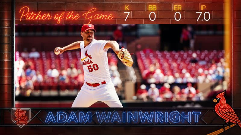 溫恩萊特（Adam Wainwright）7局無失分拿下本季第9勝。（圖／翻攝自紅雀推特）