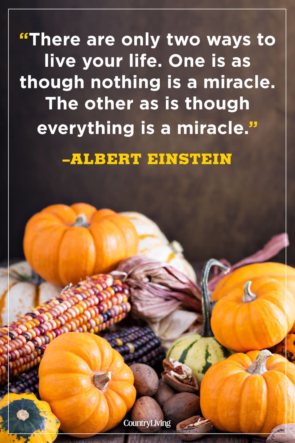 <p>"There are only two ways to live your live. One is as though nothing is a miracle. The other as is though everything is a miracle."</p><p><strong>RELATED:</strong> <a href="https://www.countryliving.com/entertaining/g1371/thanksgiving-decorations/" rel="nofollow noopener" target="_blank" data-ylk="slk:Festive and Cozy Ideas for Thanksgiving Decorations;elm:context_link;itc:0;sec:content-canvas" class="link ">Festive and Cozy Ideas for Thanksgiving Decorations</a></p>