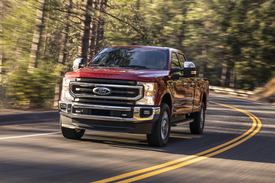 This undated photo provided by Ford shows the 2020 Ford F-250 Super Duty. The Super Duty trucks offer both gasoline and diesel V8 engines, and not surprisingly the diesel packs the most punch. (Ford Motor Co. via AP)