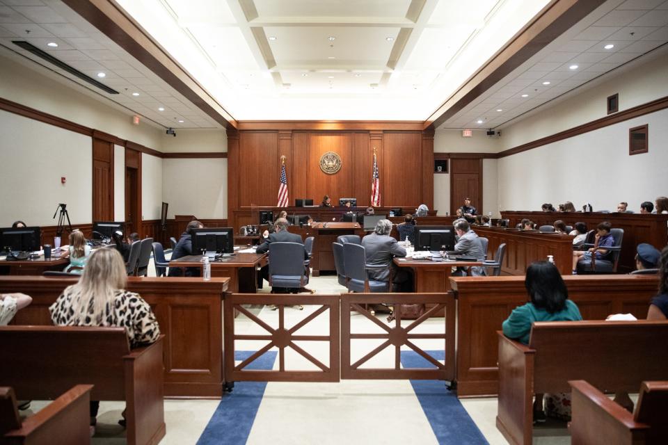 Area elementary school students try The Big Bad Wolf for the murder of two Little Pigs during a mock trial at the Federal Courthouse on Thursday, Nov. 16, 2023, in Corpus Christi, Texas.