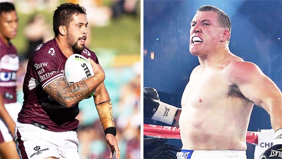 Josh Aloiai (pictured left) playing rugby league an Paul Gallen (pictured right) boxing.