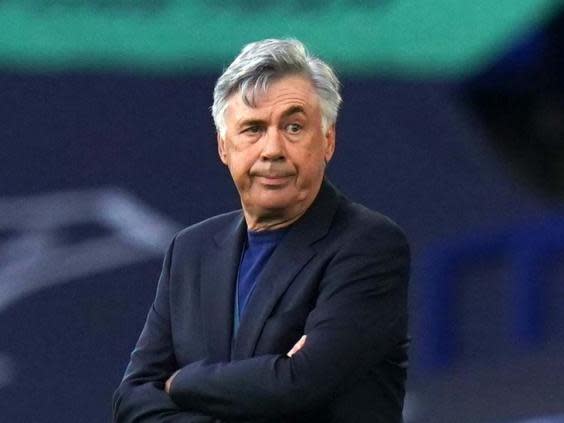 Carlo Ancelotti looks on from the touchline at Goodison Park (PA)