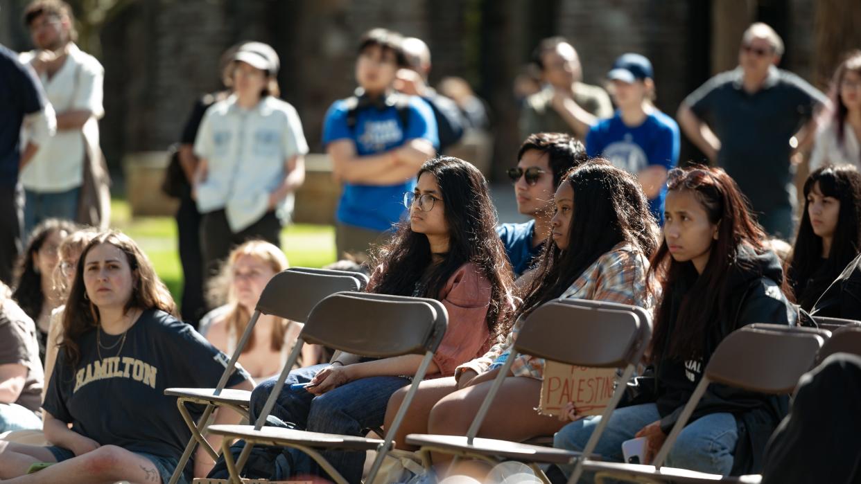 Students and faculty listen to a speaker during Hamilton College's Students for Justice in Palestine gathering at Hamilton College in Clinton, NY on Thursday, May 2, 2024.