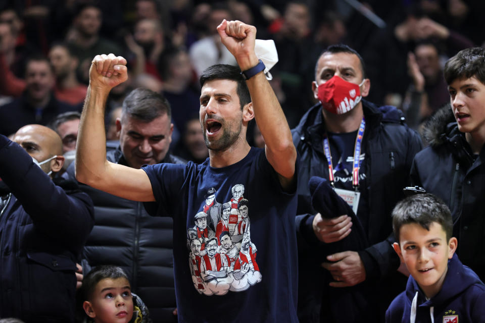 BELGRADE, SERBIA - DECEMBER 14: Novak Djokovic react during the Turkish Airlines EuroLeague Regular Season Round 15 match between Crvena Zvezda mts Belgrade and FC Barcelona at Aleksandar Nikolic Hall on December 14, 2021 in Belgrade, Serbia. (Photo by Srdjan Stevanovic/Euroleague Basketball via Getty Images)