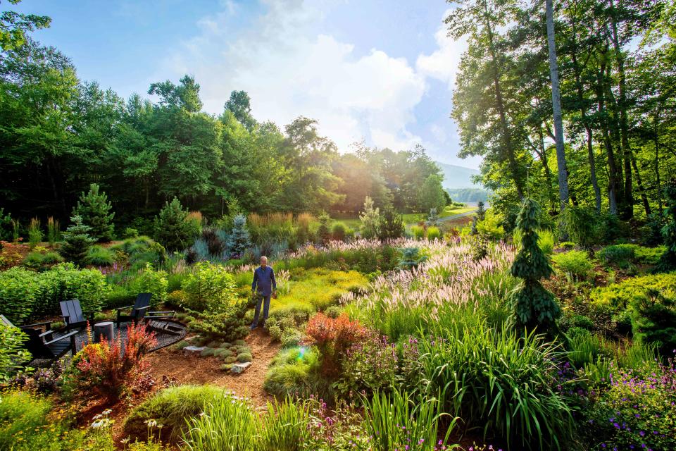 <p>Erin Adams</p> Garden designer Jay Sifford in his magical meadow in West Jefferson, North Carolina