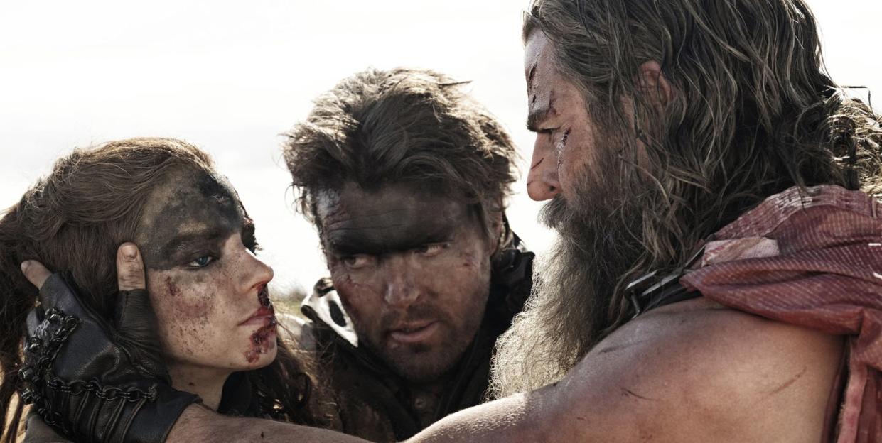 anya taylor joy as furiosa, tom burke as praetorian jack and chris hemsworth as dementus, furiosa a mad max saga