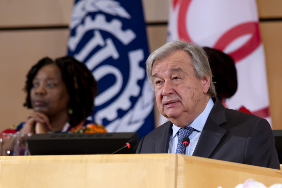 United Nations Secretary-General Antonio Guterres, delivers a statement, during the closing session of the the 108th International Labour Conference at the European headquarters of the United Nations in Geneva, Switzerland, Friday, June 21, 2019. (Magali Girardin/Keystone via AP)