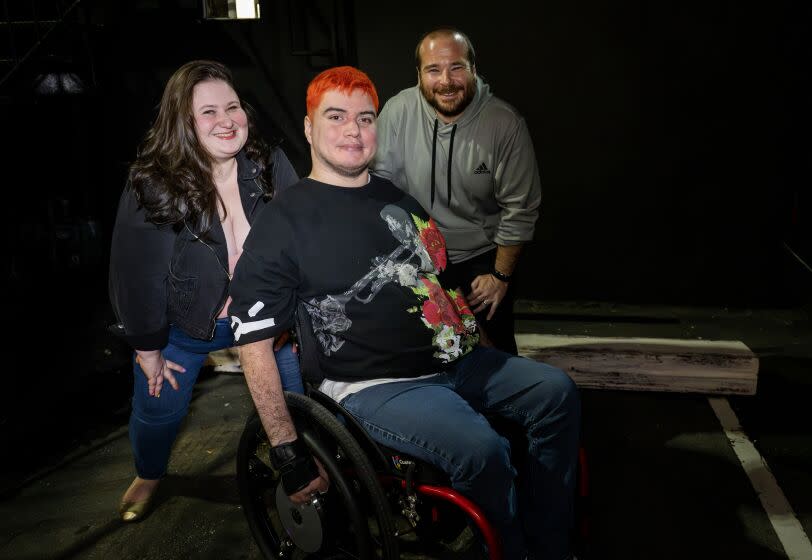 WEST HOLLYWOOD, CA - MAY 30, 2023: Comedians Greg Roque, front, Paige Wesley, left, and Pat Barker are headed to Japan to perform in Roast Battlers on May 30, 2023 in West Hollywood, California. Barker and his core group of Roast Battlers help build the league into what it is now and frequently perform at the Comedy Store in West Hollywood.(Gina Ferazzi / Los Angeles Times)