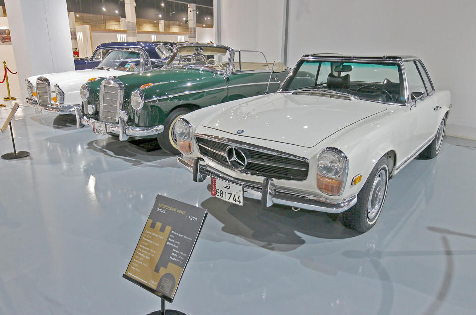 <p>Mercedes-Benzes are highly prized in the Middle East, so there are quite a few in Sheikh Faisal's collection. The 280SL in the foreground is relatively common, but the <strong>220S</strong> cabriolet in the middle is far rarer. Furthest from the camera is a <strong>W111</strong> cabriolet, which came with various four- and six-cylinder engines.</p>