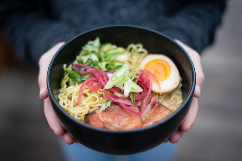 Tonkotsu Broth, Tokyo Wavy Noodles, Shoyu Egg, Marinated Bok Choy, Pickled Red Onion and Braised Pork Belly at the Broth Lab in Fairfield.