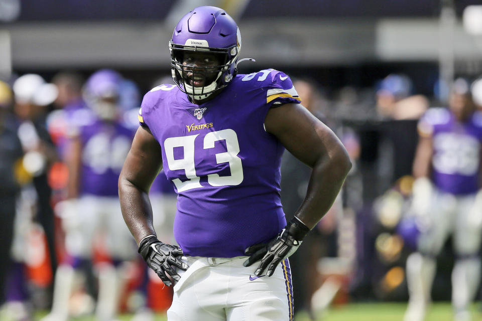 FILE - In this Aug. 24, 2019, file photo, Minnesota Vikings defensive tackle Shamar Stephen gets set for a play during the first half of an NFL preseason football game against the Arizona Cardinals in Minneapolis. The Vikings have released Stephen. The move continues the overhaul of a front four that fell off badly last season. Stephen’s departure will clear $3.75 million in space under the salary cap for 2021. (AP Photo/Jim Mone, File)