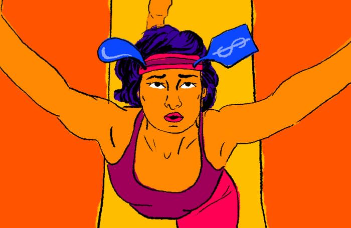 A top down view of a woman doing yoga set in vibrant warm colors. She's doing a yoga pose and looks strained. She has a sweat drop coming off of one side of her head and a price tag coming off of the other side, mirroring each other.