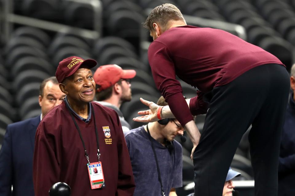 Head coach Porter Moser of the Loyola Ramblers speaks to former Loyola player Jerry Harkness during practice before the 2018 Men’s NCAA Final Four at the Alamodome on March 30, 2018 in San Antonio, Texas. (Ronald Martinez/Getty Images)