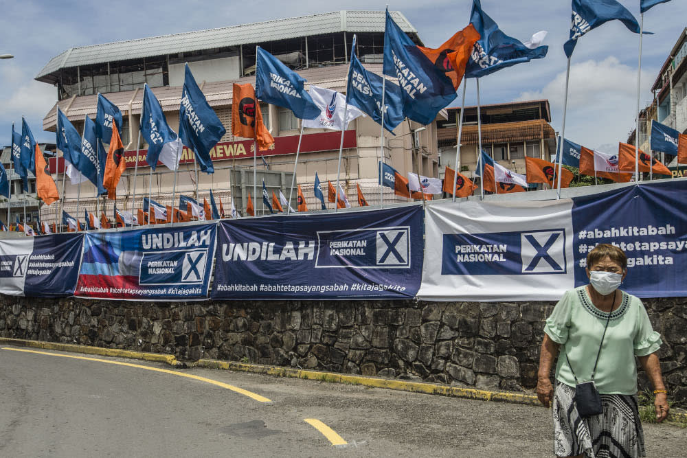 Party flags are seen during the Sabah state election campaign in Luyang, Sabah September 14, 2020. — Picture by Firdaus Latif