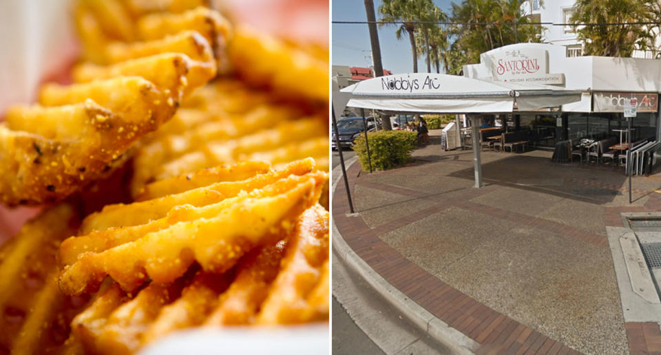 The Arc at Nobbys has removed its Schinder’s List waffle fries from its menu. The Nobby’s Beach restaurant (pictured right) and a file picture of waffle fries (not from The Arc) Source: Getty Images (file pic) and Google Maps (file pic) 