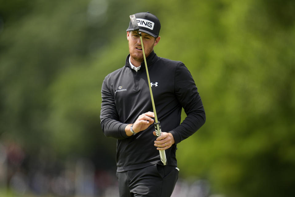 Mito Pereira, of Chile, reacts after missing a putt on the eighth hole during the final round of the PGA Championship golf tournament at Southern Hills Country Club, Sunday, May 22, 2022, in Tulsa, Okla. (AP Photo/Sue Ogrocki)