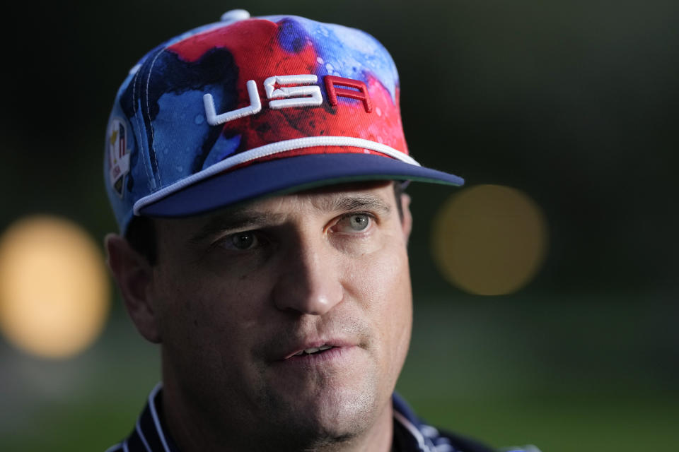 USA Ryder Cup team captain Zach Johnson talks to reporters as he returns with members of his team at a hotel in Rome, Friday, Sept. 8, 2023, at the end of a practice session at the Marco Simone golf club where the 2023 Ryder Cup will played starting next Sept. 29. (AP Photo/Andrew Medichini)