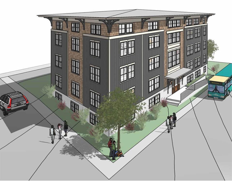 This rendering shows a proposed 58-unit apartment building at 103 Evergreen St. in Providence on what is now a large lot next to a single-family home.