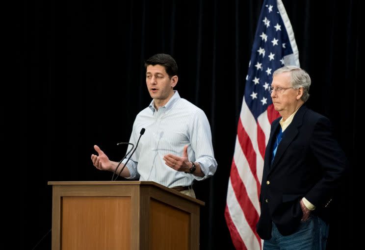 Speaker of the House Paul Ryan, R-Wisc., and Senate Majority Leader Mitch McConnell, R-Ky., speak to reporters at the GOP retreat in Philadelphia on Thursday, Jan. 26, 2017. House and Senate Republicans are holding their retreat through Friday in Philadelphia. (Photo: Bill Clark/CQ Roll Call/Getty Images)