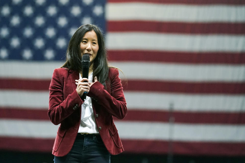 FILE - In this Saturday, Feb. 27, 2021, file photo, USA Gymnastics president and CEO Li Li Leung speaks during the Winter Cup gymnastics competition in Indianapolis. USA Gymnastics is in the midst of a top-to-bottom culture change following the Larry Nassar scandal. Leung believes the organization has made progress in terms of creating a more positive culture within the sport since taking over the embattled national governing body in 2019. (AP Photo/Darron Cummings, File)