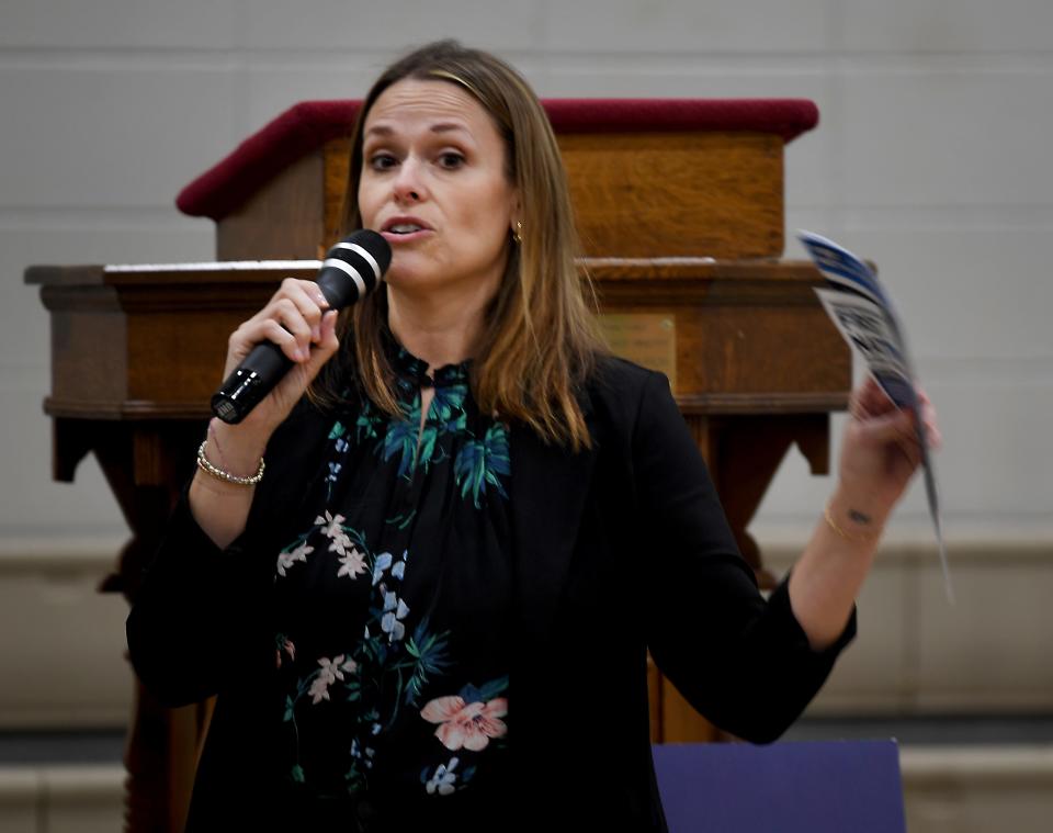 The Spartanburg County Democratic Party hosted the 'First in the Nation' Bus Tour Stop on Friday, Jan. 19, 2024 at Mt. Moriah Church in Spartanburg. Kathryn Harvey, Chair Spartanburg County Democratic Party speaks at the event.