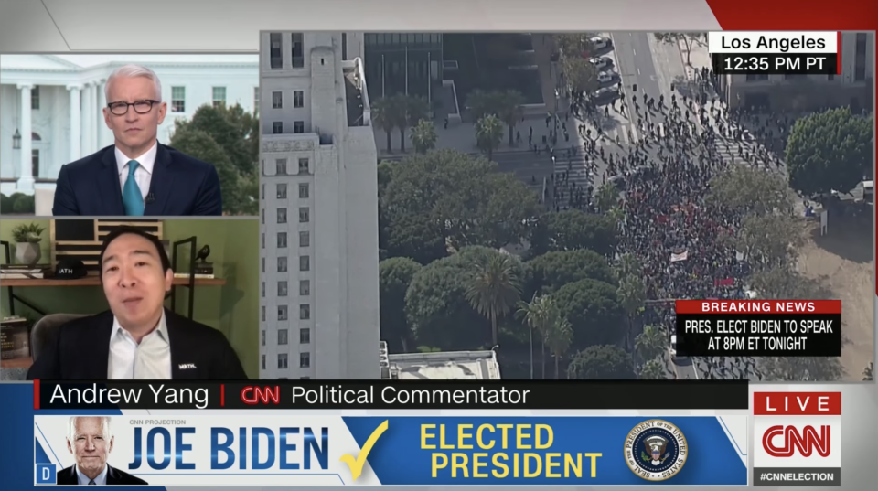 CNN anchor Anderson Cooper speaks with Andrew Yang via video. 