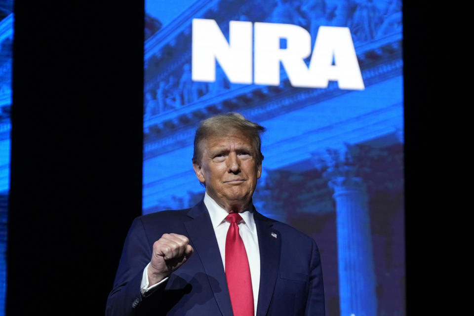 Republican presidential candidate former President Donald Trump arrives to speak at the National Rifle Association's Presidential Forum in Harrisburg, Pa., Friday, Feb. 9, 2024. (AP Photo/Matt Rourke)