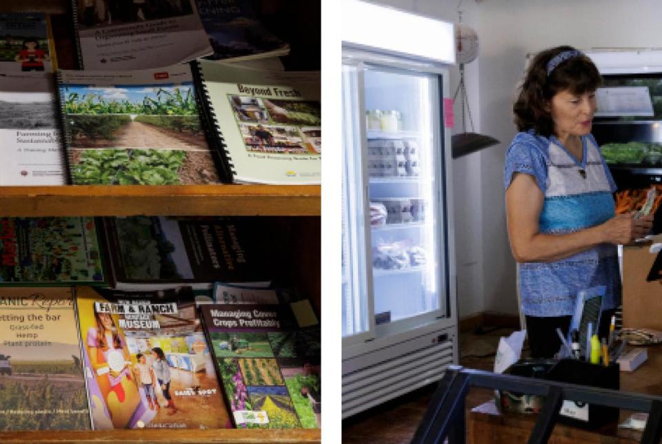 Left: Educational farming material at Yahweh’s All Natural Farm and Gardens. Right: Dairon De La Torre Gamboa assists a customer at the farm’s market. Dairon is originally from Cuba and helps out with different tasks on the farm such as harvesting produce and assisting customers in the market.