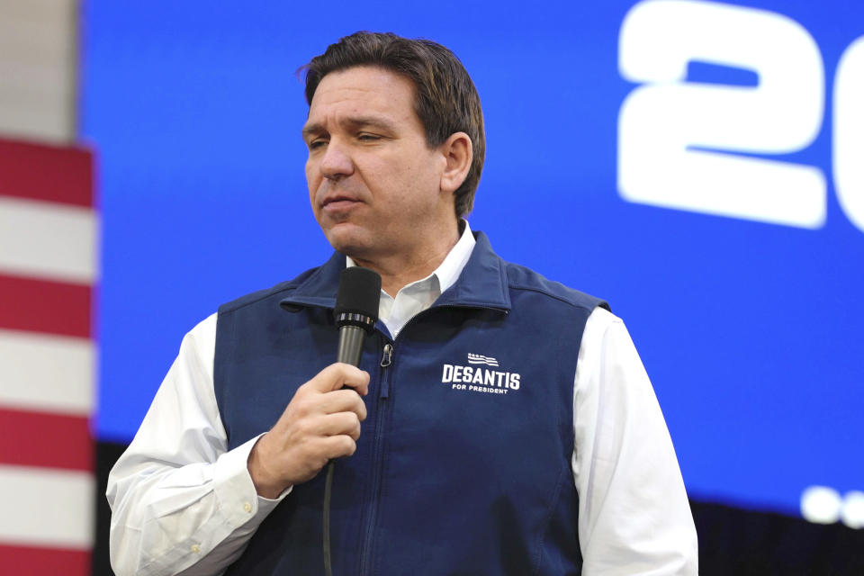 Republican presidential candidate Florida Gov. Ron DeSantis speaks during a campaign event at The Hangout on Saturday, Jan. 20, 2024, in Myrtle Beach, S.C. (AP Photo/Meg Kinnard)