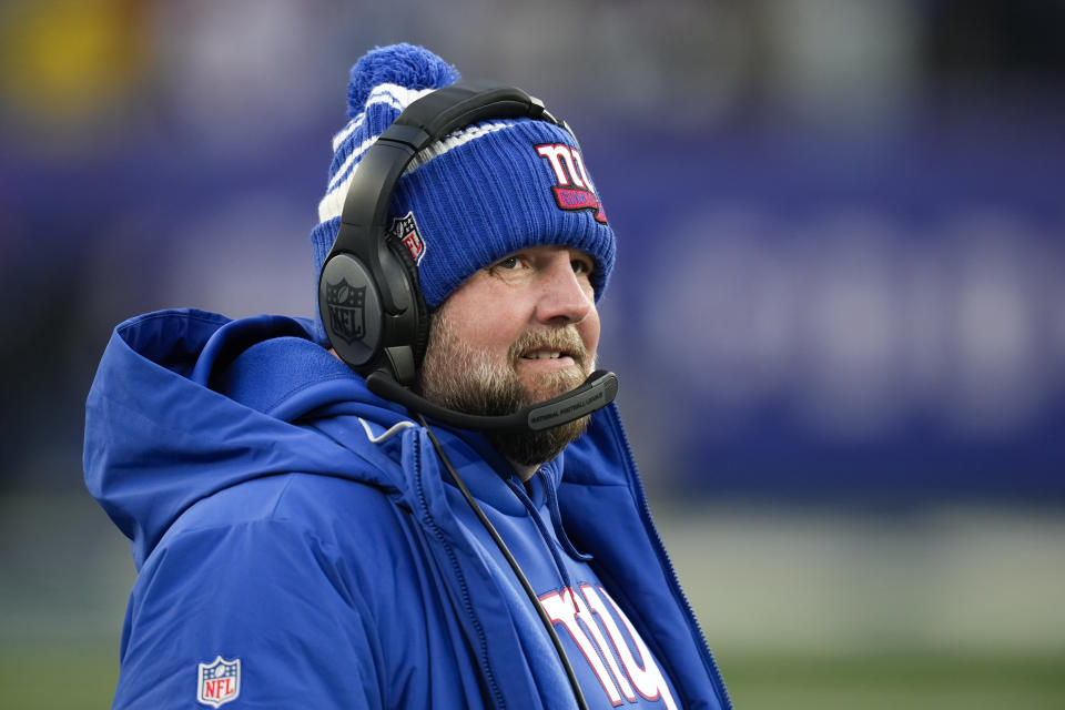 New York Giants head coach Brian Daboll works the sidelines in the final seconds of the second half of an NFL football game against the Detroit Lions, Sunday, Nov. 20, 2022, in East Rutherford, N.J. (AP Photo/Seth Wenig)