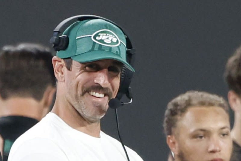 Aaron Rodgers stands on the sidelines in the first half against the Tampa Bay Buccaneers in a preseason game at MetLife Stadium in East Rutherford, N.J., on August 19. The quarterback turns 40 on December 2. File Photo by John Angelillo/UPI