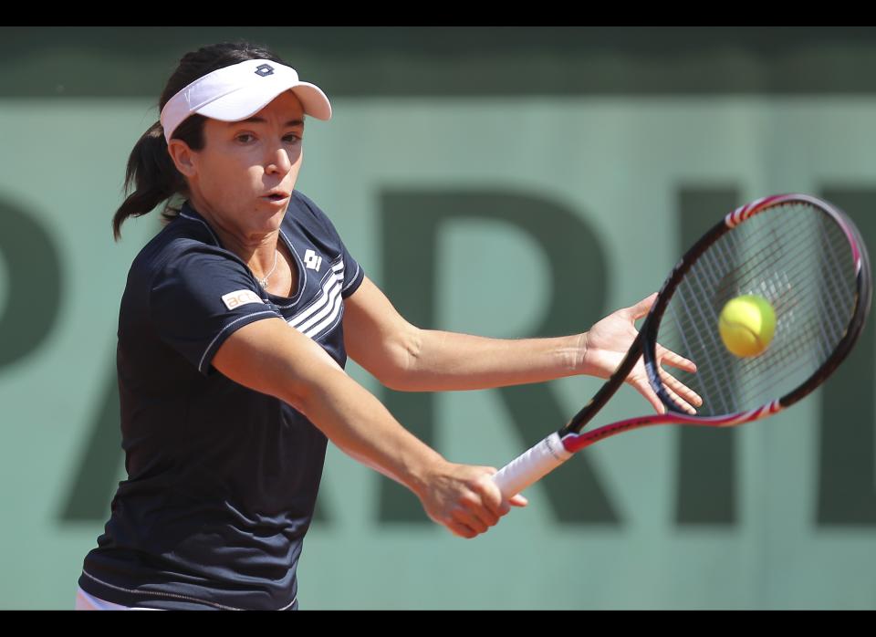 Alberta Brianti of Italy returns in her first round match against Victoria Azarenka of Belarus at the French Open tennis tournament in Roland Garros stadium in Paris, Monday May 28, 2012.     (AP Photo/David Vincent)