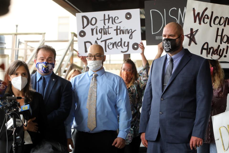 Anthony DiPippo, right, Andrew Krivak and Jeffrey Deskovic following Krivak's release after 24 years in prison, Oct. 23, 2020 in Carmel. A judge overturned his rape and murder conviction in 2019 and ordered a new trial. DiPippo was initially convicted in the case in 1997 but was acquitted following a third trial in 2016. 
(Photo: Tania Savayan/The Journal News)