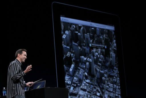 Apple Senior VP of iPhone Software Scott Forstall demonstrates the new map application in June 2012. The new map program was released this week as part of Apple's iOS 6 mobile operating software, which powers its new iPhone 5 released Friday and can be installed as an upgrade on other Apple devices