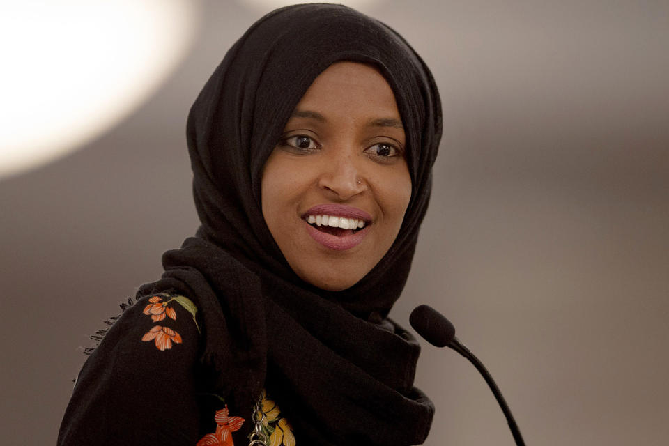 FILE - In this May 18, 2019, file photo, Rep. Ilhan Omar, D-Minn., speaks during the fourth annual Citywide Iftar Dinner in Austin, Texas. In tweets Sunday, President Donald Trump portrays the lawmakers as foreign-born troublemakers who should go back to their home countries. In fact, the lawmakers, except one, were born in the U.S. He didn’t identify the women but was referring to Reps. Alexandria Ocasio-Cortez, Ilhan Omar, Ayanna Pressley and Rashida Tlaib. (Nick Wagner/Austin American-Statesman via AP, File)